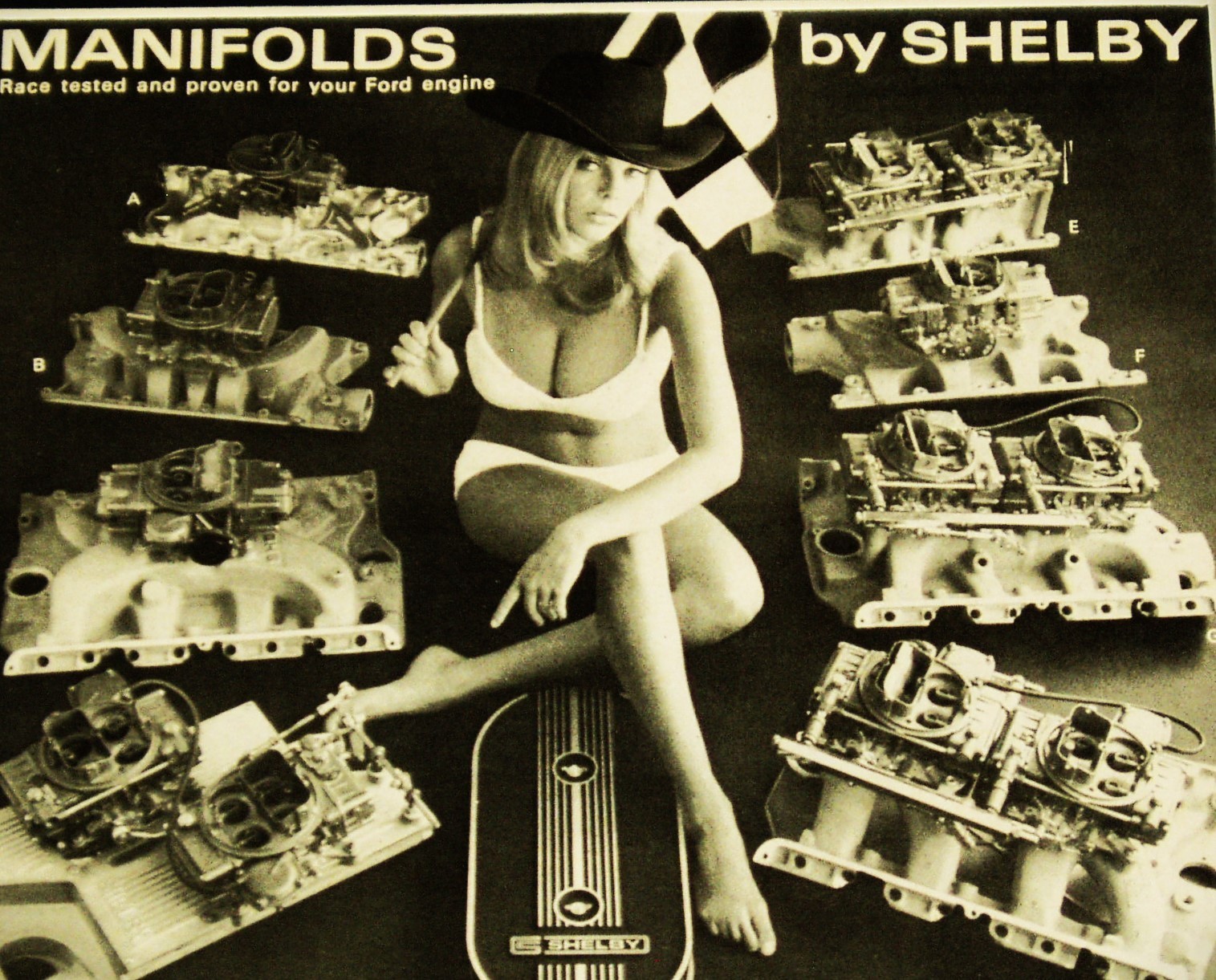 FRAMED SHELBY MANIFOLDS AD (1967-1968) 1969 FORD MUSTANG GT 350/500 VTG ORIGINAL