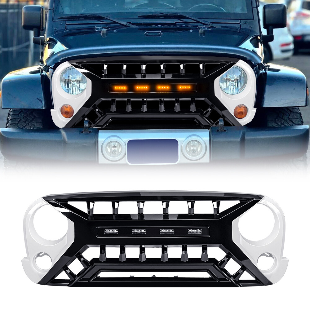 For 07-18 Jeep Wrangler JK White Black Armor Grill Front Grille w/Amber Lights For 07-18 Jeep Wrangler JK White Black Armor Grill Front Grille w/Amber Lights