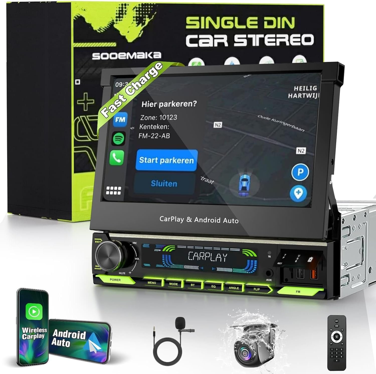 【SOOEMAKA】 Single Din Touchscreen Radio with Wireless CarPlay, 7 inch QLED Andro