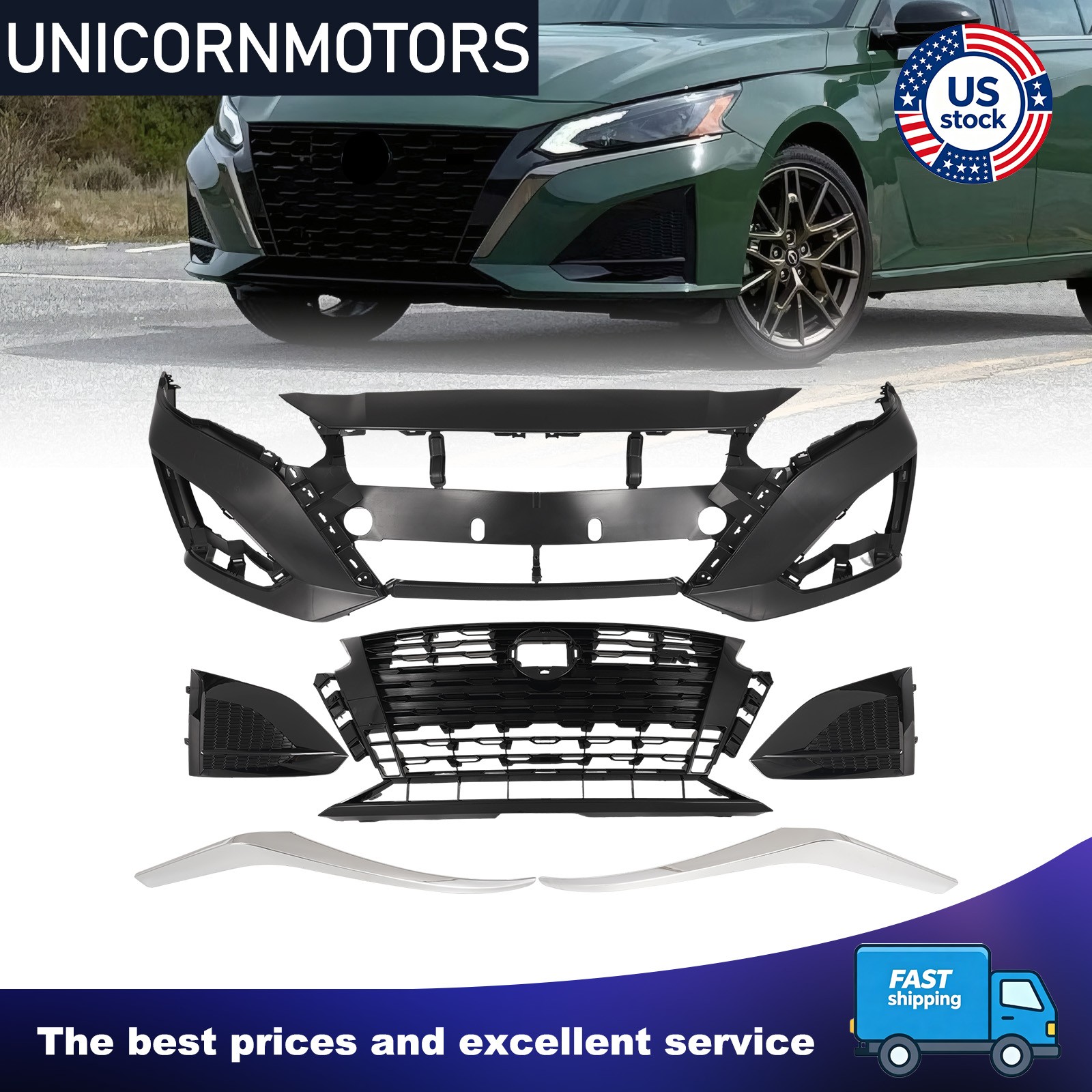 Fits 2023-25 Nissan Altima SR Front Bumper Grille Fog Covers Kit W/ Chrome Trims Fits 2023-25 Nissan Altima SR Front Bumper Grille Fog Covers Kit W/ Chrome Trims