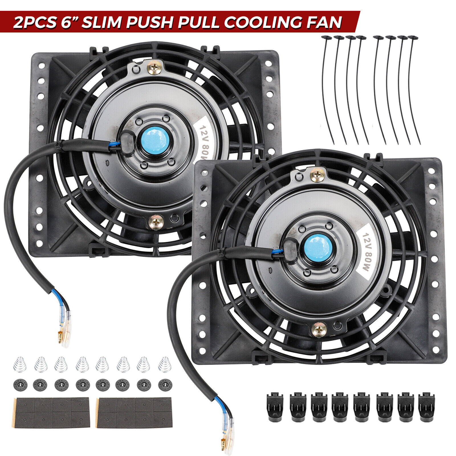 2PCS 6'' Slim Push Pull Electric Cooling Fan 650CFM Radiator Mount Kit Universal