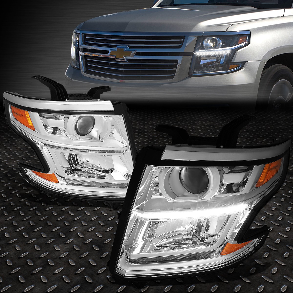 FOR 15-20 CHEVY TAHOE SUBURBAN CHROME/AMBER CORNER LED DRL PROJECTOR HEADLIGHT FOR 15-20 CHEVY TAHOE SUBURBAN CHROME/AMBER CORNER LED DRL PROJECTOR HEADLIGHT