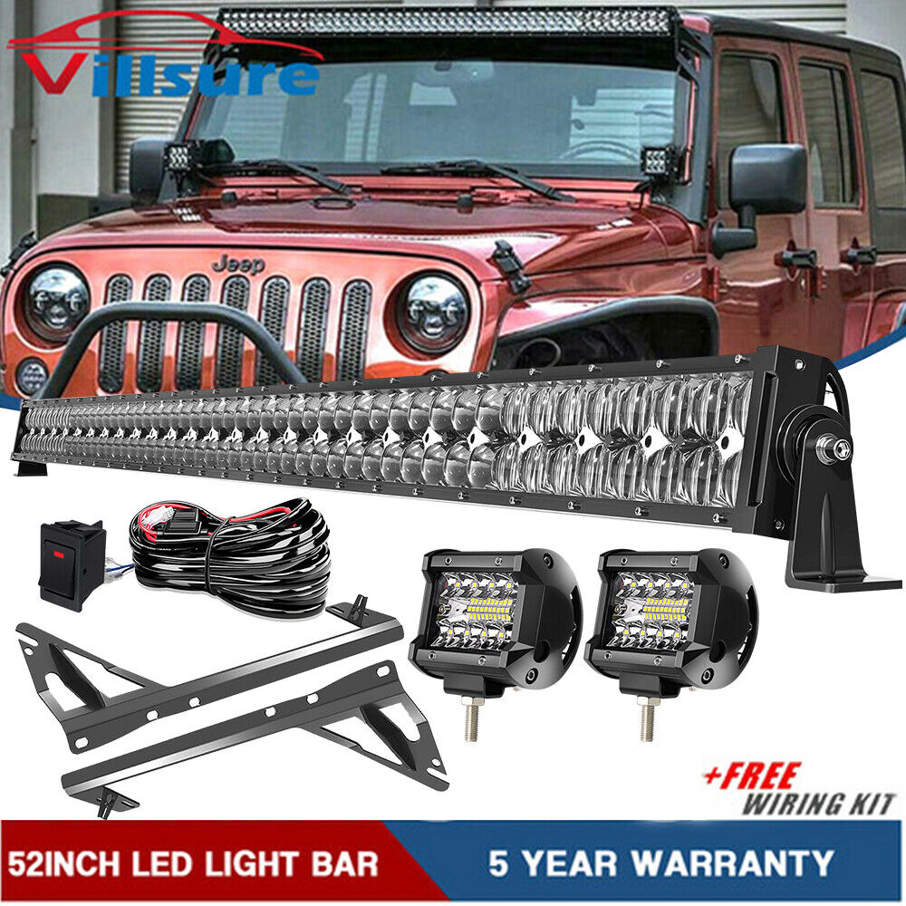 52 in 300W Straight LED Light Bar Combo +2X4'' Pods Offraod For Jeep Wrangler JK