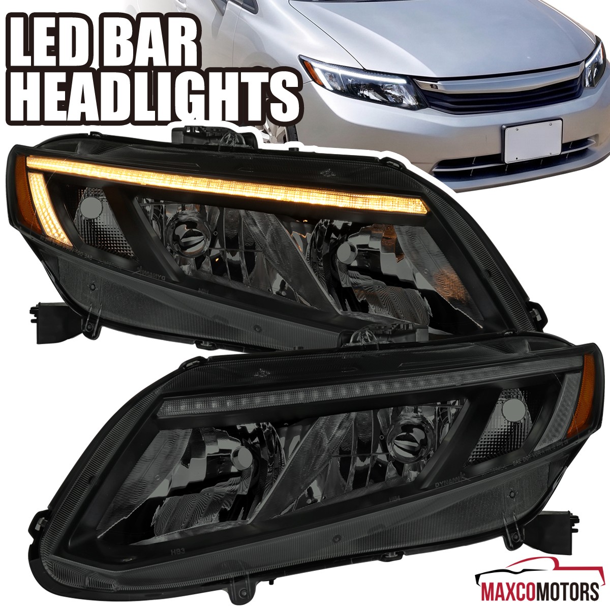 Smoke Headlights Fits 2012-2015 Honda Civic Coupe Sedan LED Bar Lamps Switchback
