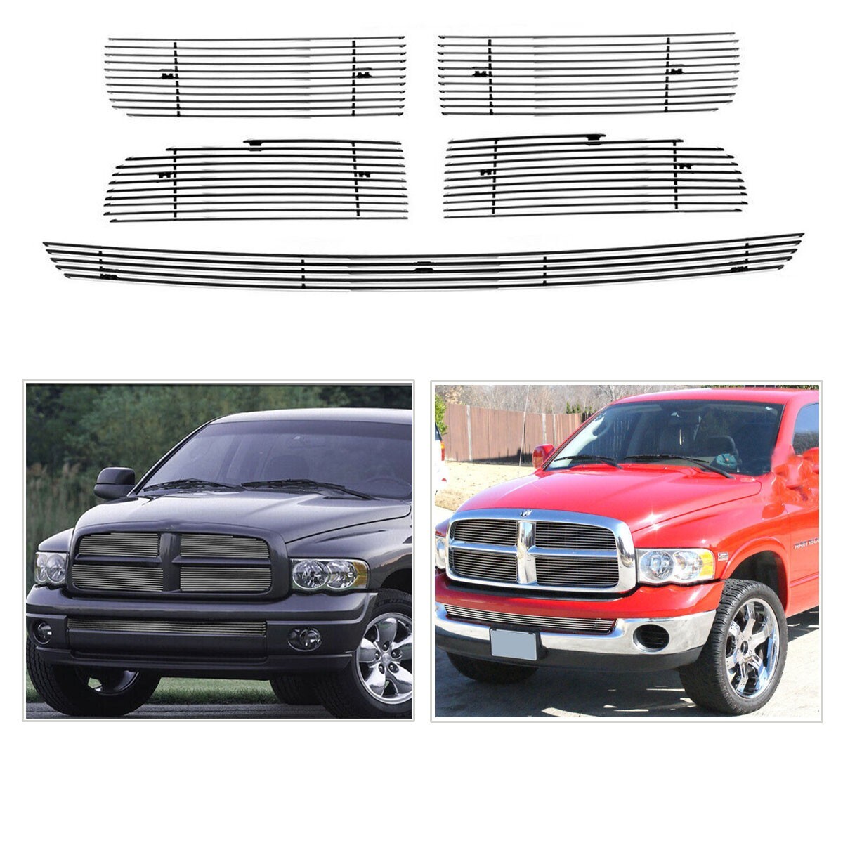 Billet Grille Fits 2002-2005 Dodge Ram Regular Model Chrome Front Grill Combo Billet Grille Fits 2002-2005 Dodge Ram Regular Model Chrome Front Grill Combo