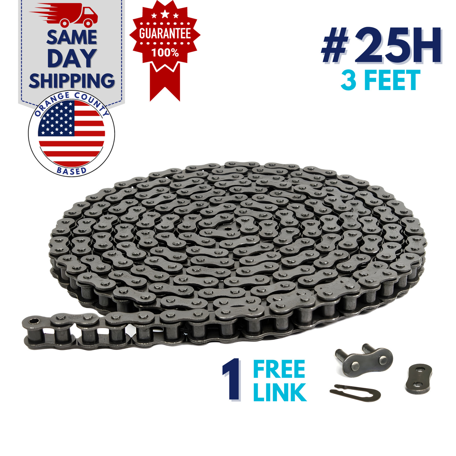 #25H Heavy Duty Roller Chain 3 FT (144 Links) and 1 Connecting Link, For