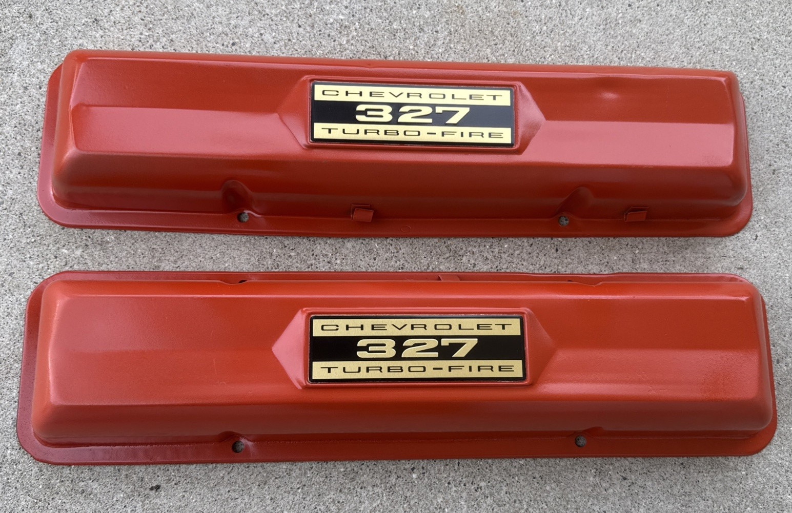 1963 - 1967 Chevy Chevrolet Impala 327 Valve Covers w/ Embossed Aluminum Decals 1963 - 1967 Chevy Chevrolet Impala 327 Valve Covers w/ Embossed Aluminum Decals