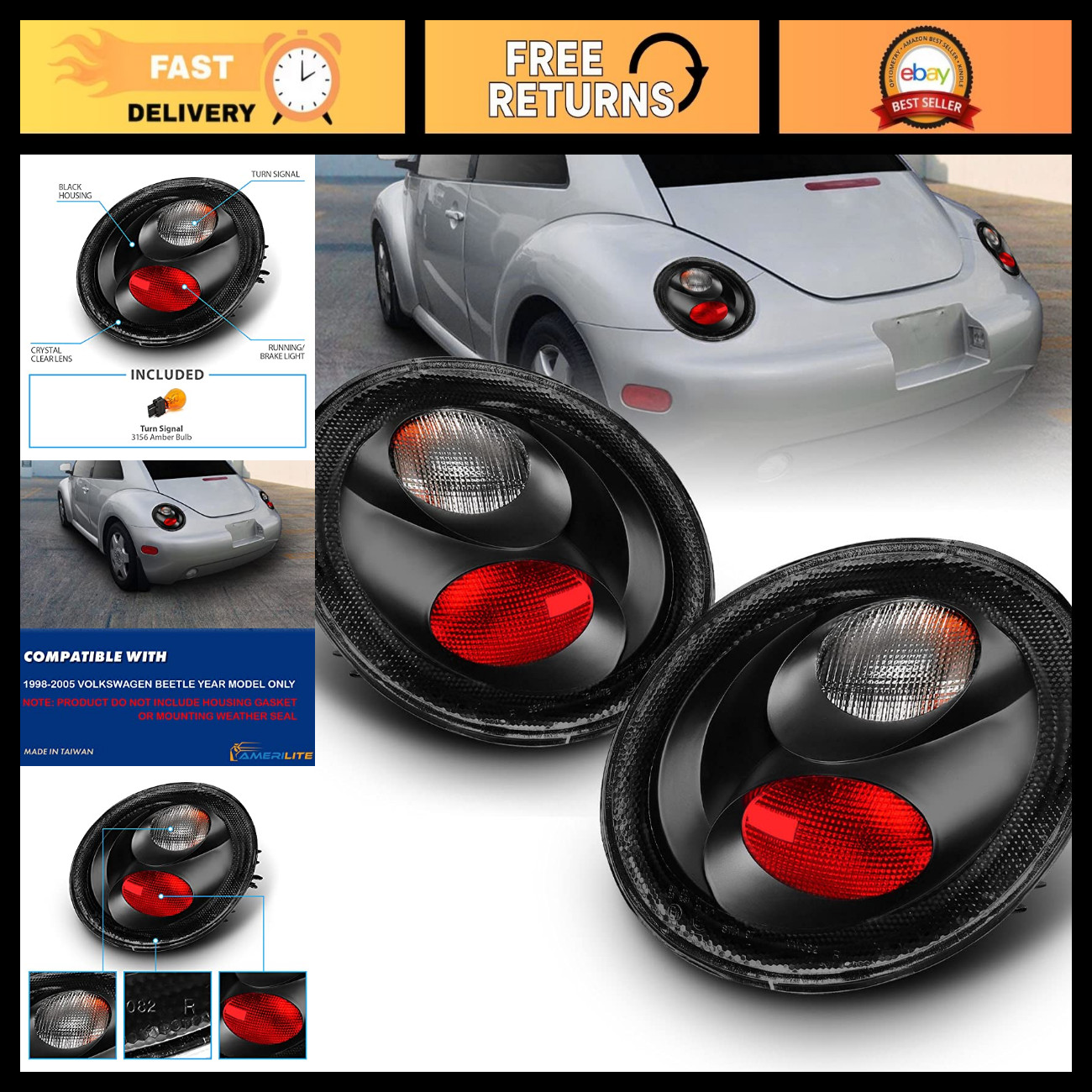 Clear Black Altezza Taillights for 1998-2005 Volkswagen Beetle - Driver & Passen