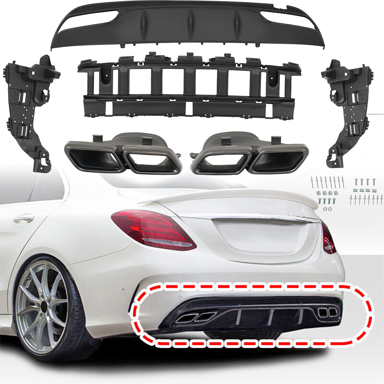 C63 Style Rear Diffuser Lip For Mercedes Benz W205 C300 C350 AMG-Line 2014-2021