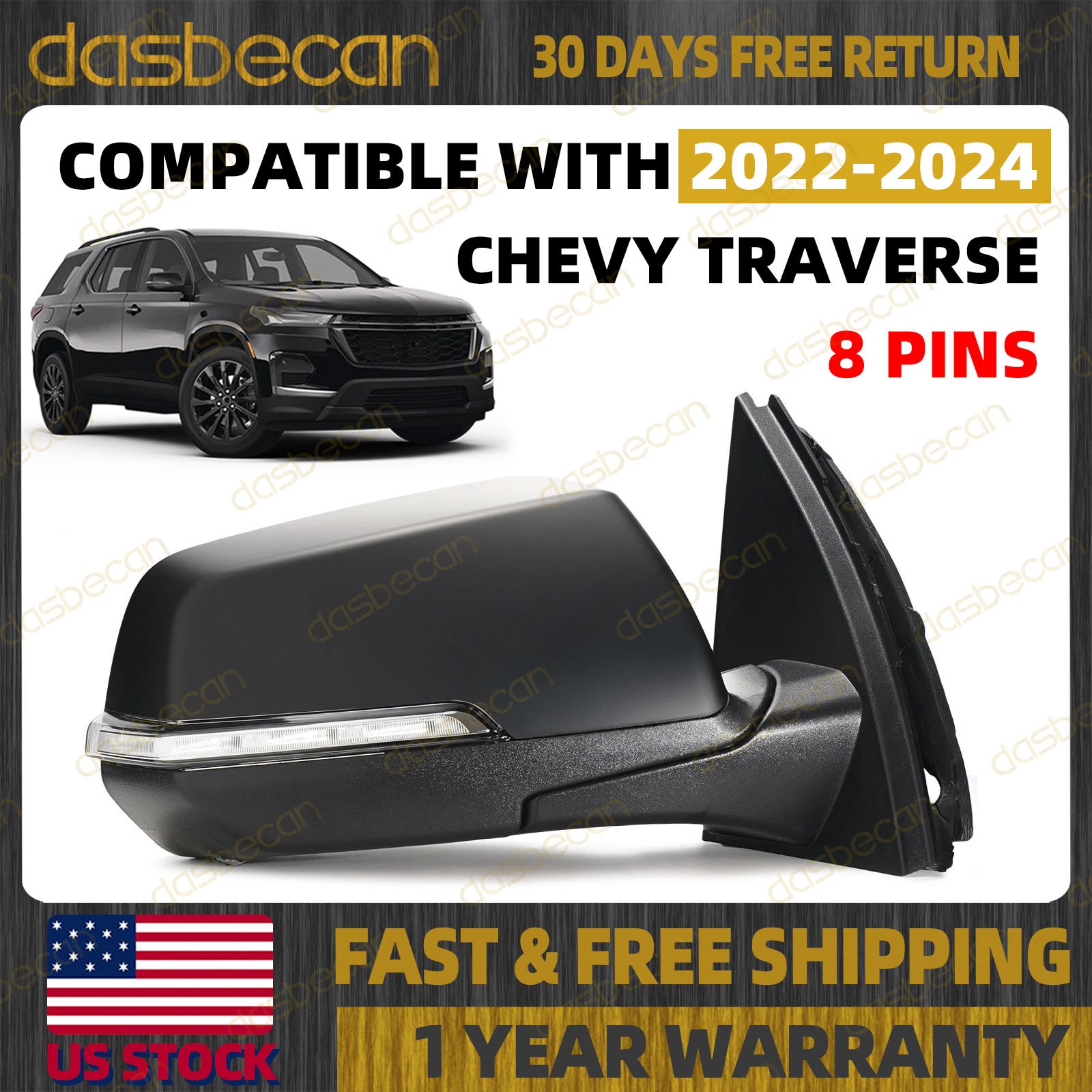 Right Side Mirror W/Turn Signal & Blind Spot For Chevy Traverse 2022-2024 8 Pins