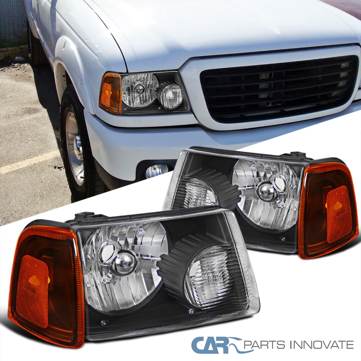 Fits 2001-2011 01-11 Ford Ranger Pickup Black Headlights Amber Corner Lamps Pair