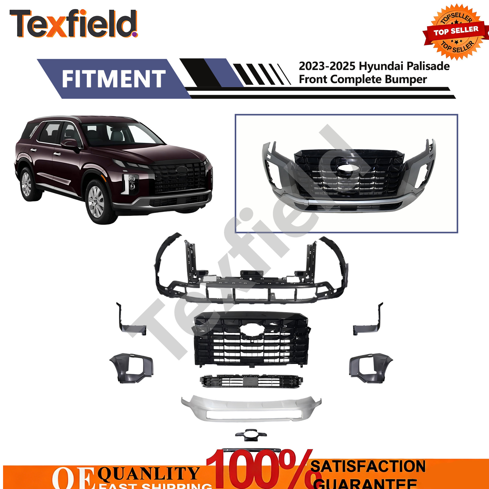 For 2023-2025 Hyundai Palisade Complete Front Bumper W/ Grille Molding Trims For 2023-2025 Hyundai Palisade Complete Front Bumper W/ Grille Molding Trims
