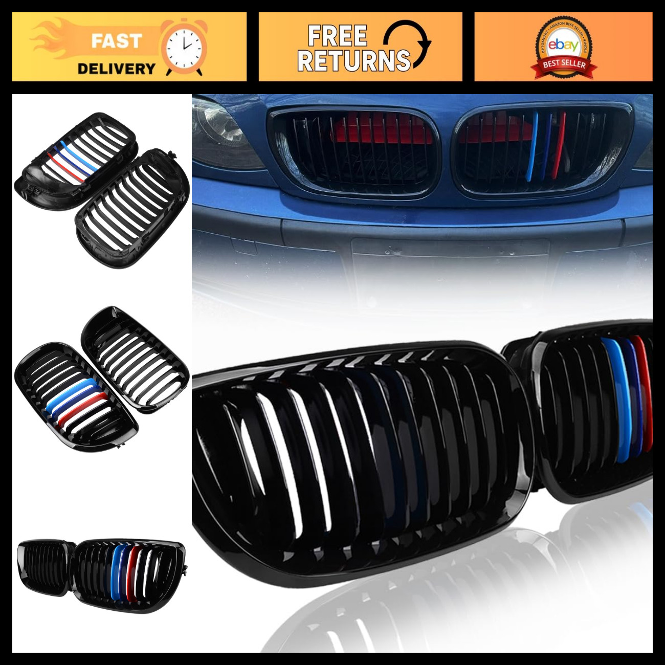 Glossy Black M-Color Front Kidney Grilles for 2002-2006 BMW E46 - Stylish Upgrad Glossy Black M-Color Front Kidney Grilles for 2002-2006 BMW E46 - Stylish Upgrad