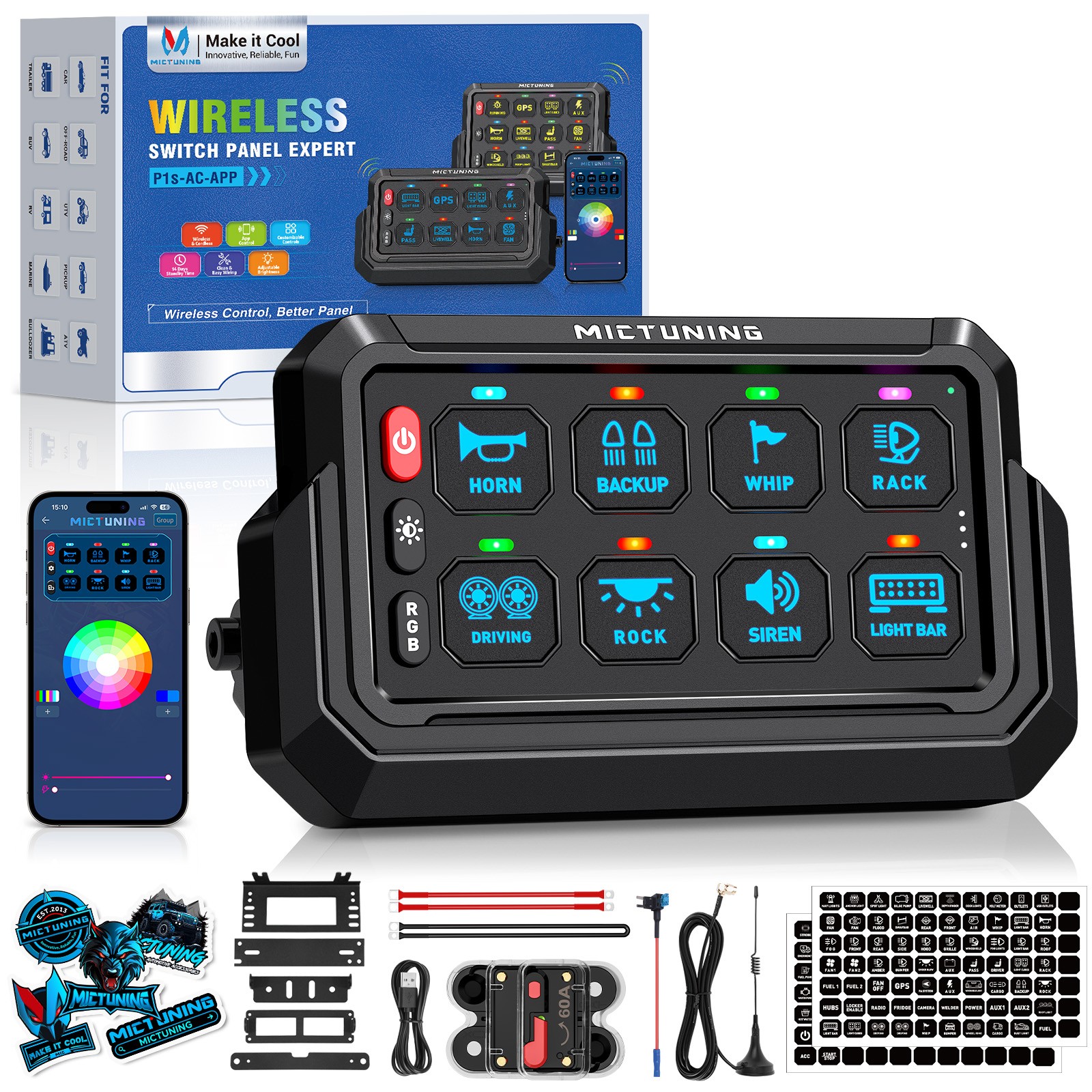 MICTUNING Wireless App Control 8 Gang Switch Panel, Circuit Control Relay System MICTUNING Wireless App Control 8 Gang Switch Panel, Circuit Control Relay System