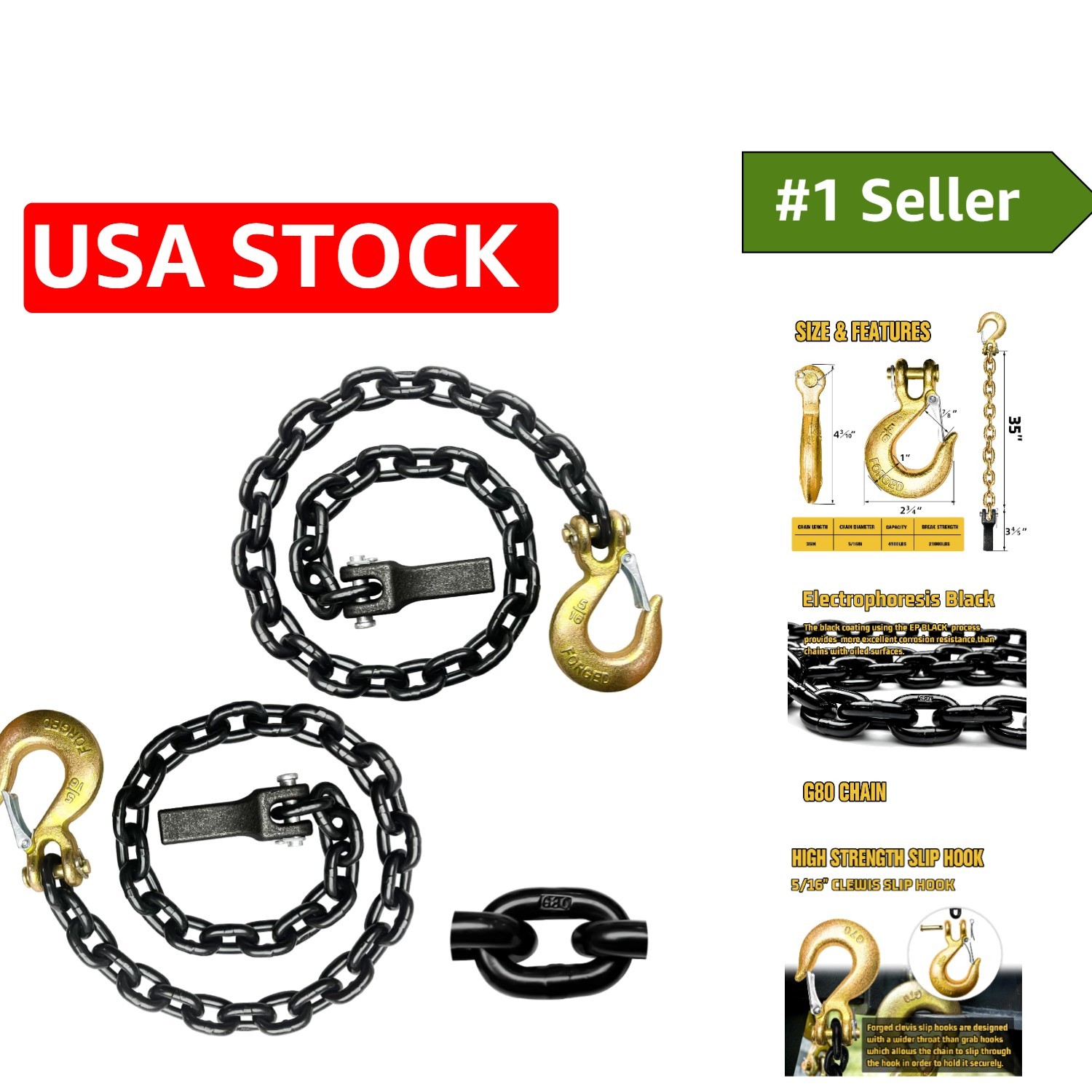 G80 Heavy Duty Trailer Chains with Clevis Slip Hook - 2 Pack, 35-Inch Length G80 Heavy Duty Trailer Chains with Clevis Slip Hook - 2 Pack, 35-Inch Length