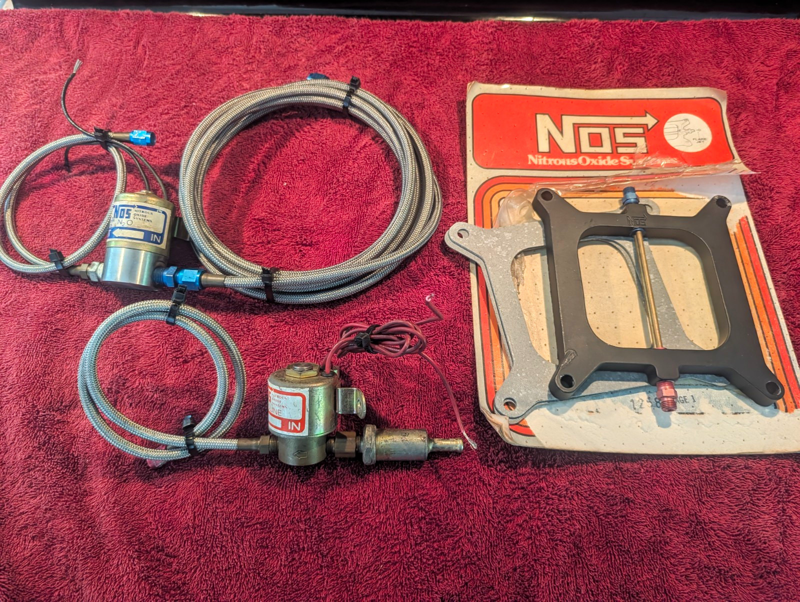 NOS, Nitrous Oxide Cheater System, Nitrous And Fuel Solenoids, Plate And Lines. NOS, Nitrous Oxide Cheater System, Nitrous And Fuel Solenoids, Plate And Lines.