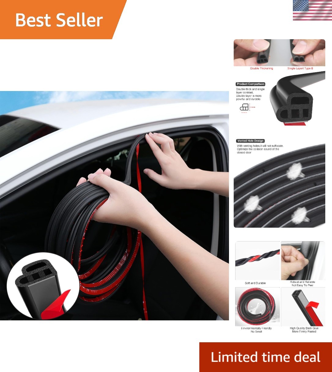 32.8Ft Car Door Seal Strip - Double Layer L Shape Automotive Weather Stripping