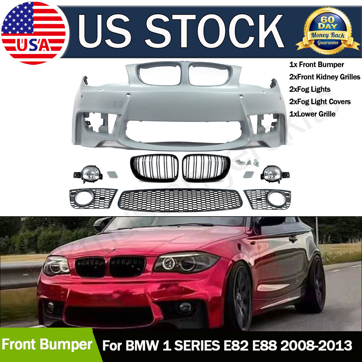 For BMW 1 Series E82 E88 08-2013 1M Style Front Bumper With Fog Lamps & Grilles