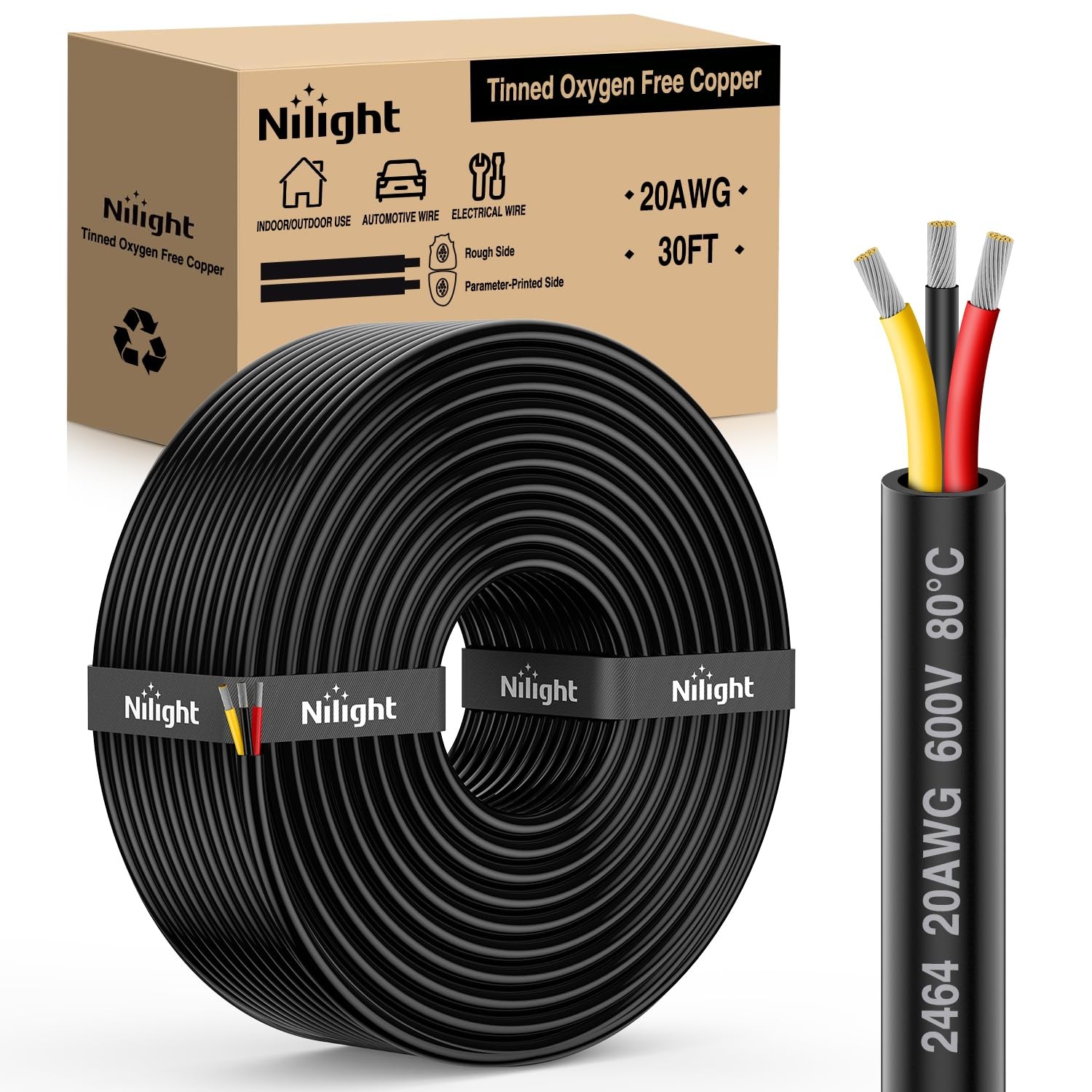 Nilight Electrical Wire Connectors 30FT 20 Gauge 3 Conductor Red Black Yellow