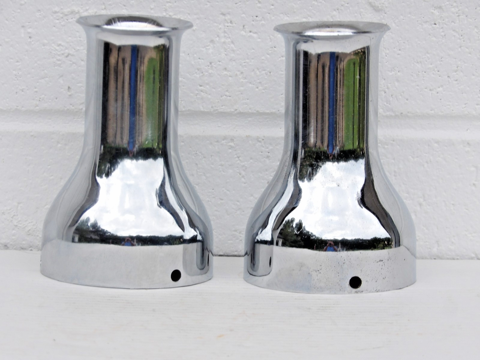2 NOS vintage COCKTAIL SHAKER chrome EXHAUST TIPS 4-1/2 inch MOTORCYCLE $12.95 2 NOS vintage COCKTAIL SHAKER chrome EXHAUST TIPS 4-1/2 inch MOTORCYCLE $12.95