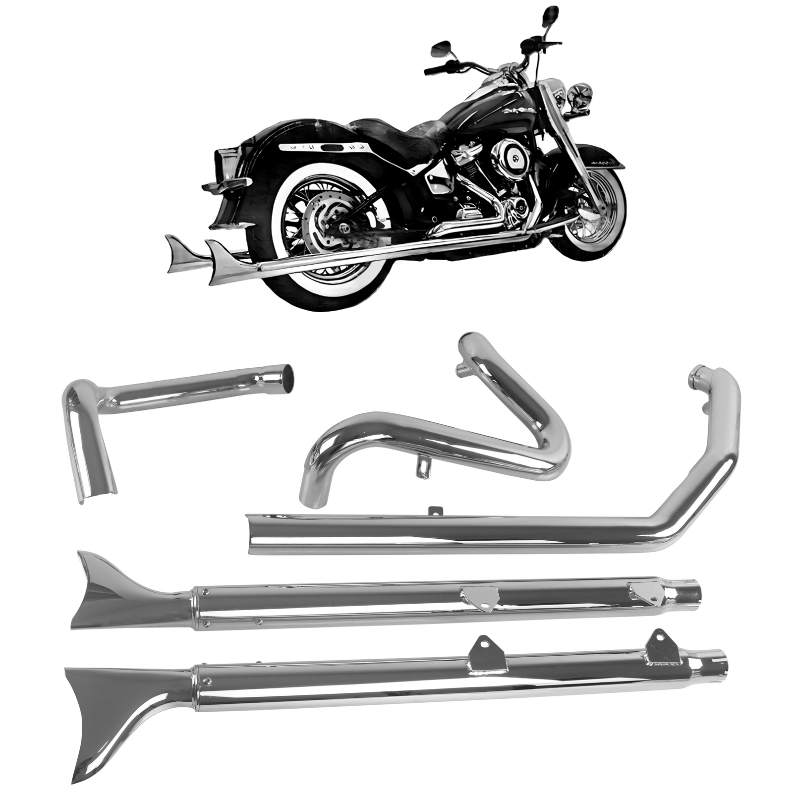 SHARKROAD True Dual Pipes & Fishtail Mufflers for Harley Softail Exhaust Chrome