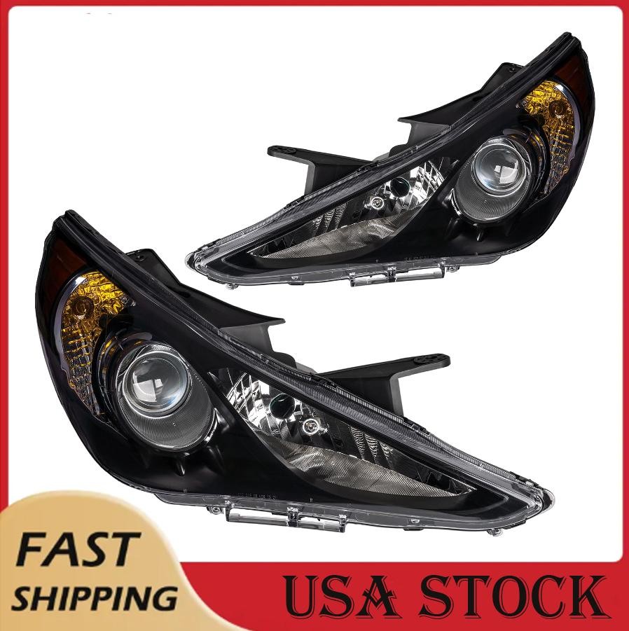 Headlight Assembly Fits 2011-2014 Hyundai Sonata Projector Halogen Black Amber
