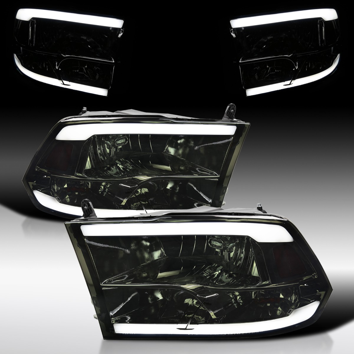 Fit 2009-2018 Dodge Ram 1500 2500 3500 Quad Smoke Headlights LED Tube Headlamps Fit 2009-2018 Dodge Ram 1500 2500 3500 Quad Smoke Headlights LED Tube Headlamps