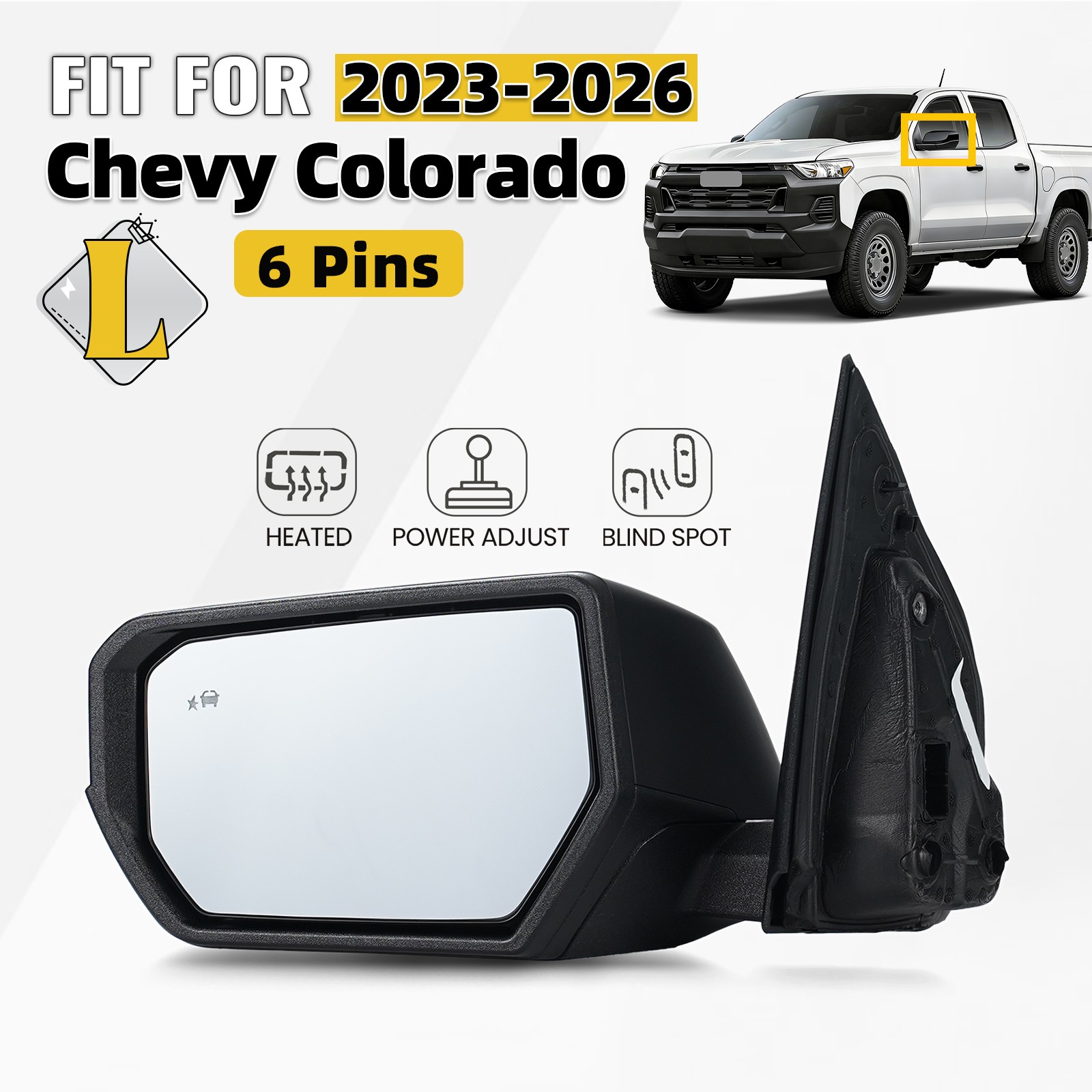 Left Side Mirror For 2023-2026 Chevy Colorado W/Heated & BSD Power Adjust 6 Pins