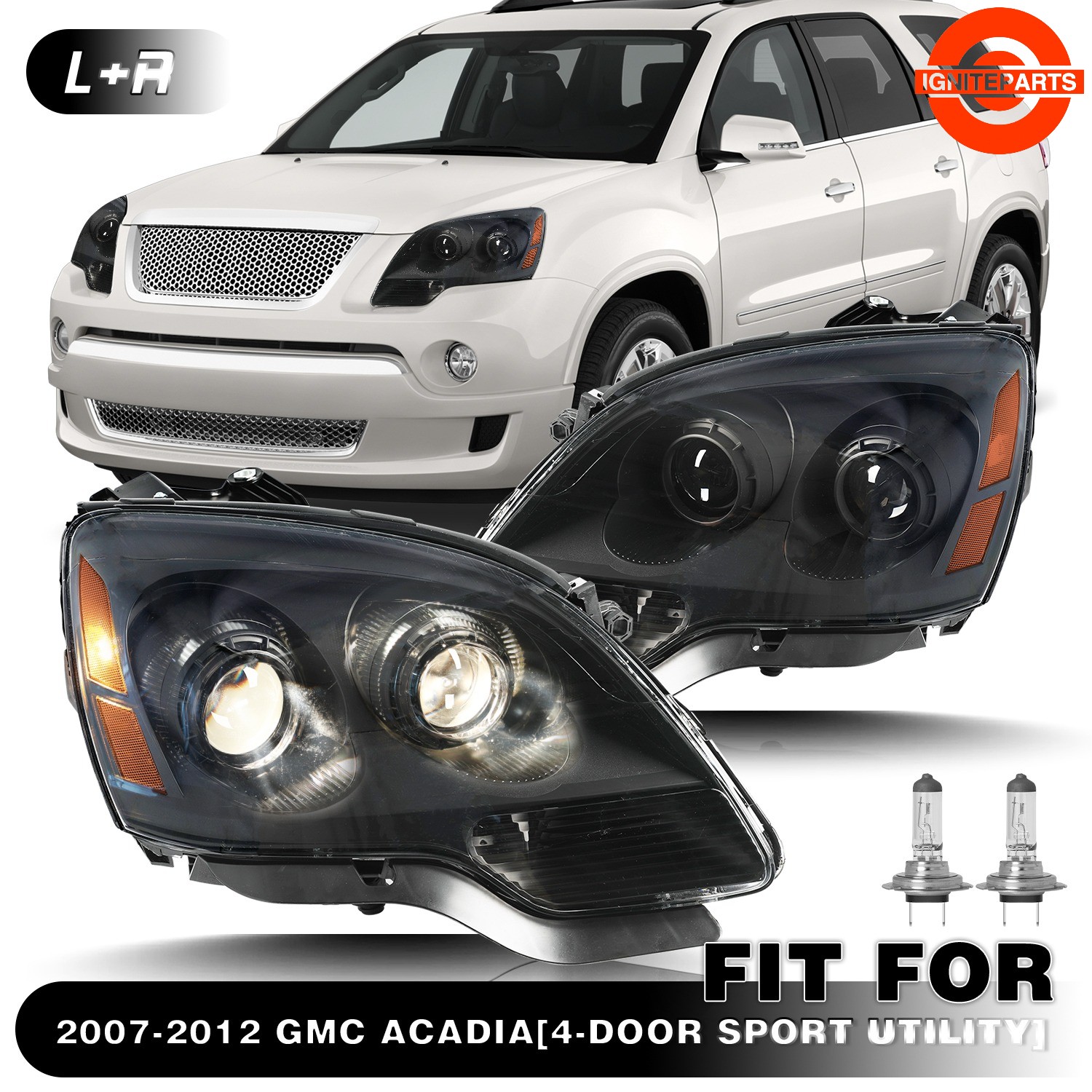 For 2007-2012 GMC Acadia Black Housing Halogen w/Bulbs Headlights Assembly Pair For 2007-2012 GMC Acadia Black Housing Halogen w/Bulbs Headlights Assembly Pair