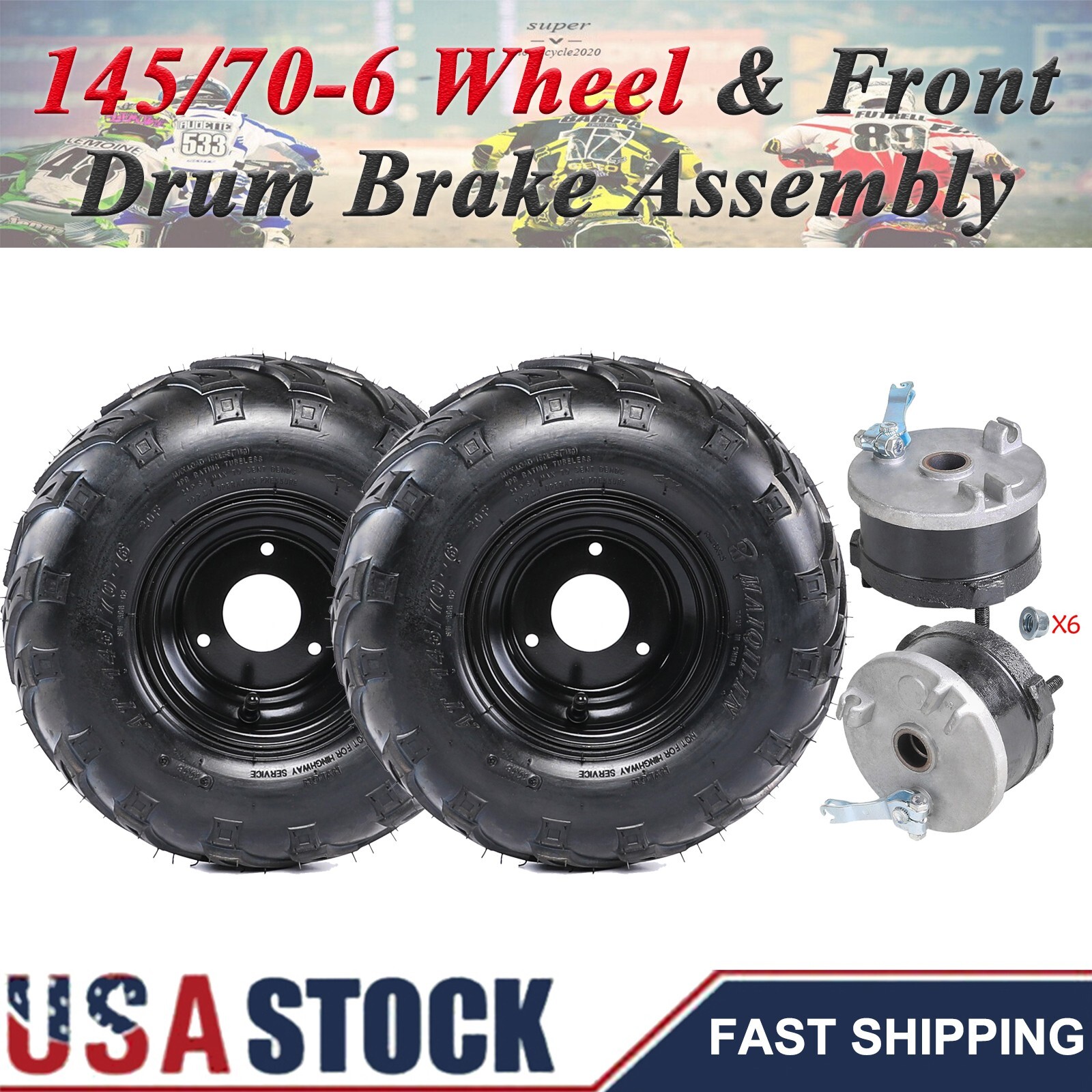 2PCS 145/70-6 Wheel 145x70-6 Tire Rim & Front Drum Brake Assembly For ATV Quad