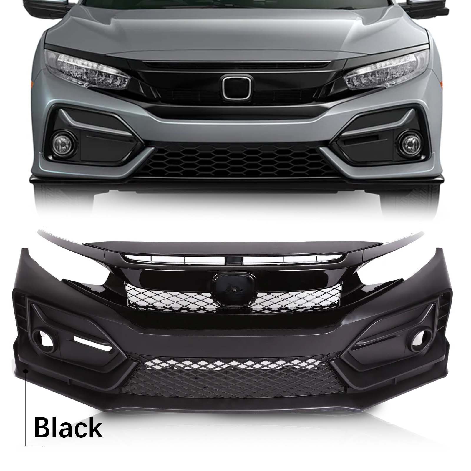 Fits 2016-2021 Honda Civic Front Bumper Cover Kit with Grille Lip Type R Style