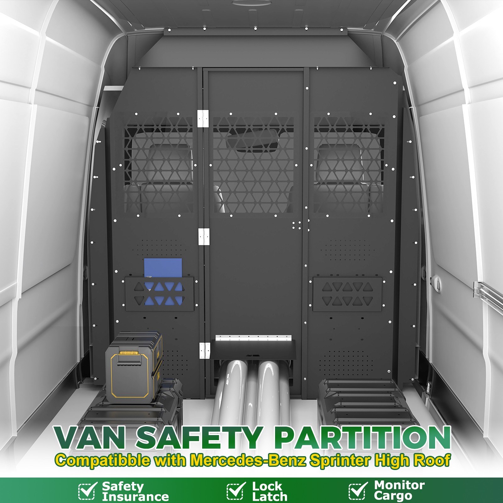 Black Lockable Van Bulkhead, Safety Partition for Mercedes Sprinter High Roof