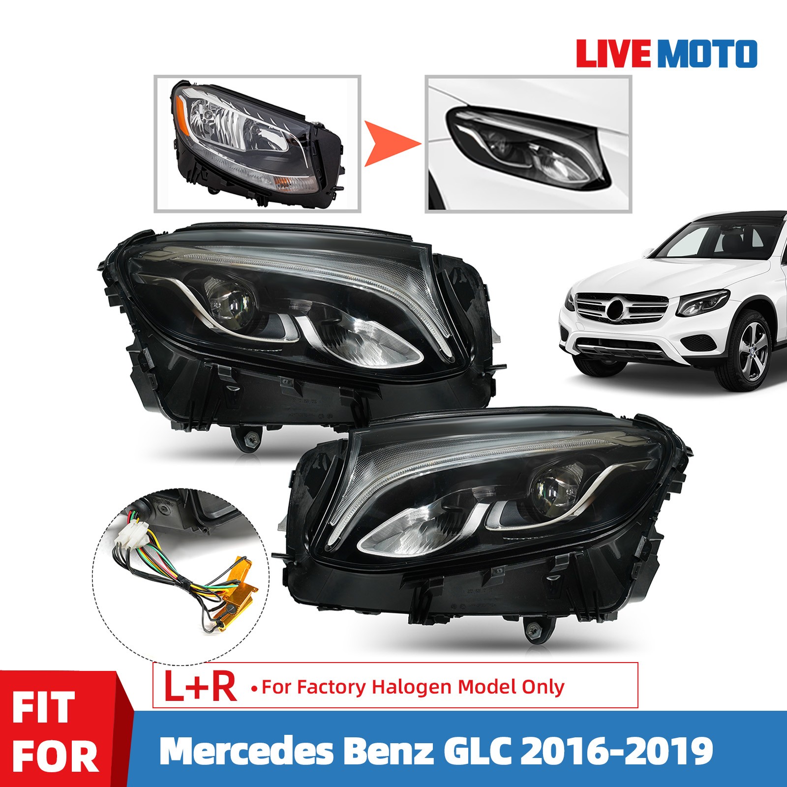Halogen Upgrade To LED Headlight For 2016-2019 Mercedes Benz GLC300 GLC43 X253 Halogen Upgrade To LED Headlight For 2016-2019 Mercedes Benz GLC300 GLC43 X253