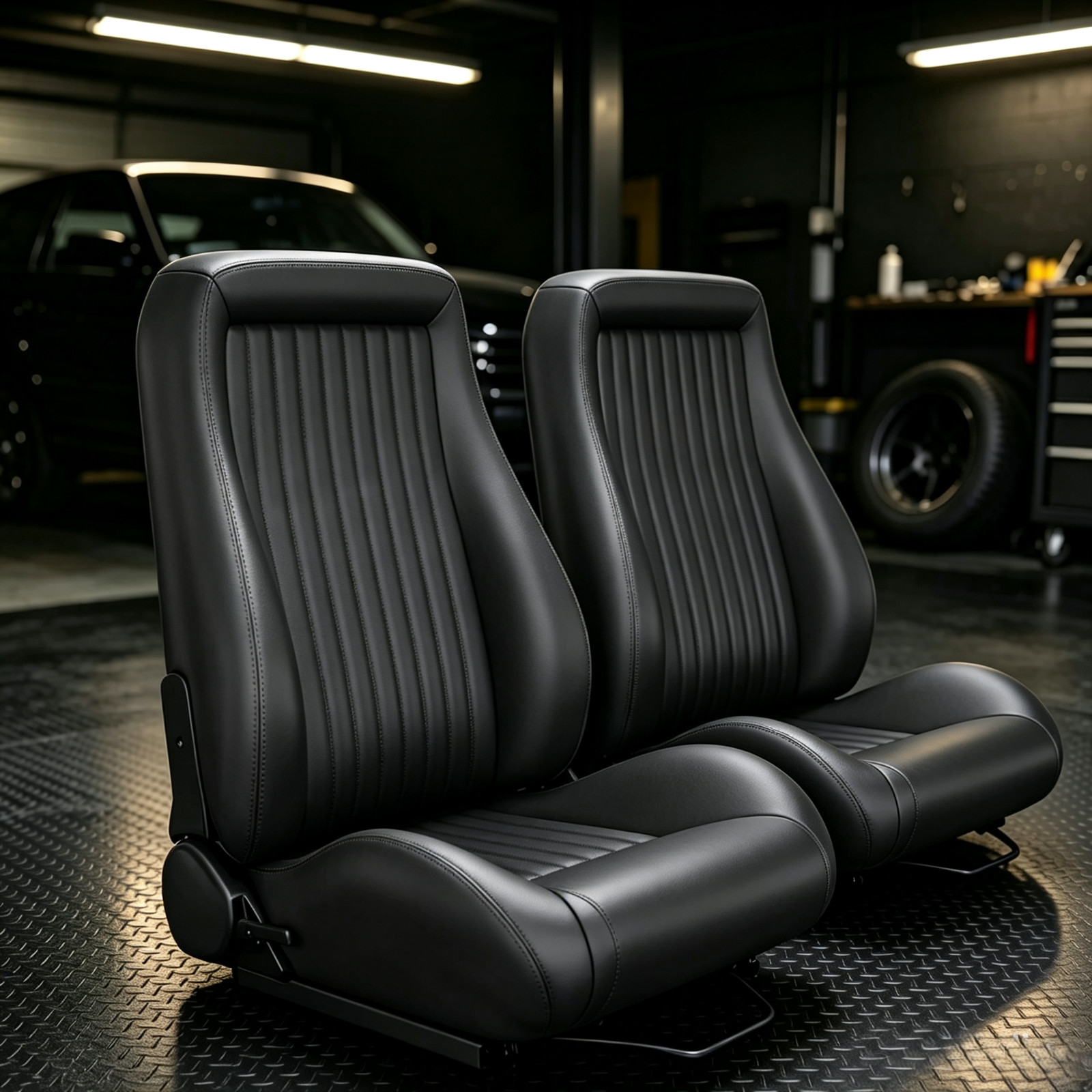 1 Pair PVC OBS Style Car Seats w Dual Sliders Reclinable Low Back Bucket Seats