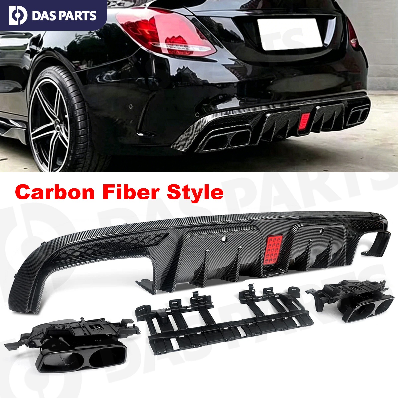 For Benz W205 C63 C43 2015-2021 Carbon Rear Bumper Diffuser Lip W/ Exhaust Tip