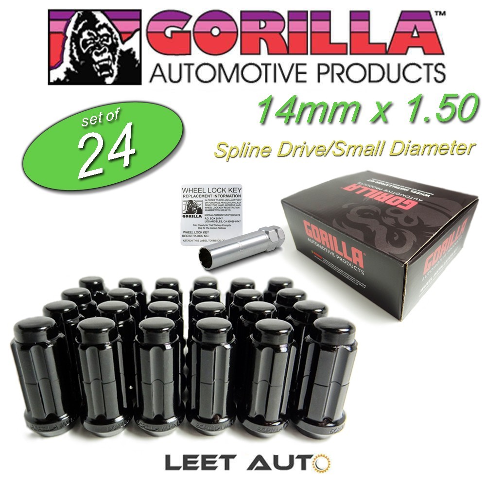 (24)Gorilla Spline Drive Lug Nuts, 14x1.50, Black, Duplex Length, K6TS-14150BGR