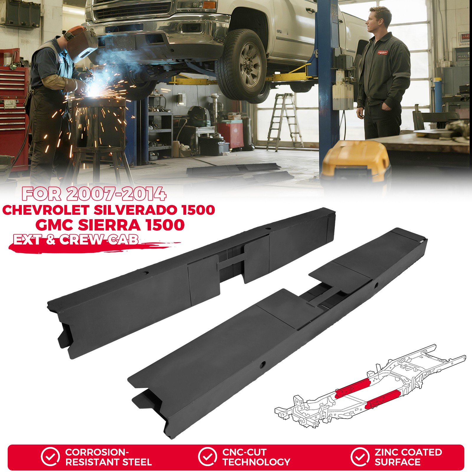 Full Center Frame Rust Repair Kit Fit2007-2014Silverado Sierra 1500 Ext/Crew Cab