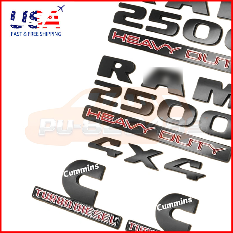 5PCS Matte Black Emblem Badges For RAM 2500 HEAVY DUTY 4X4 Cummins Turbo Diesel