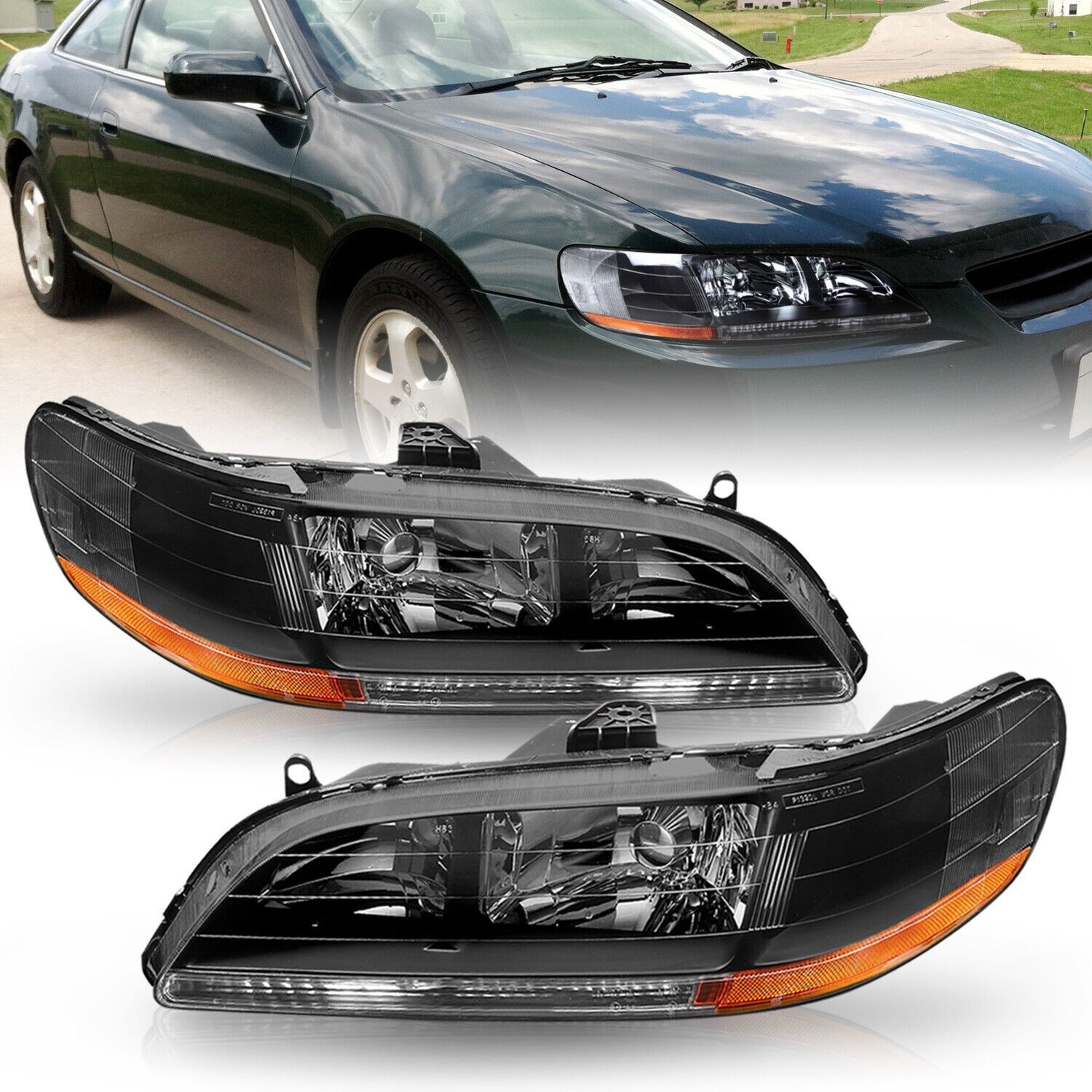 For 1998-2002 Honda Accord Black Headlights Assembly Amber Corner Headlamps Pair