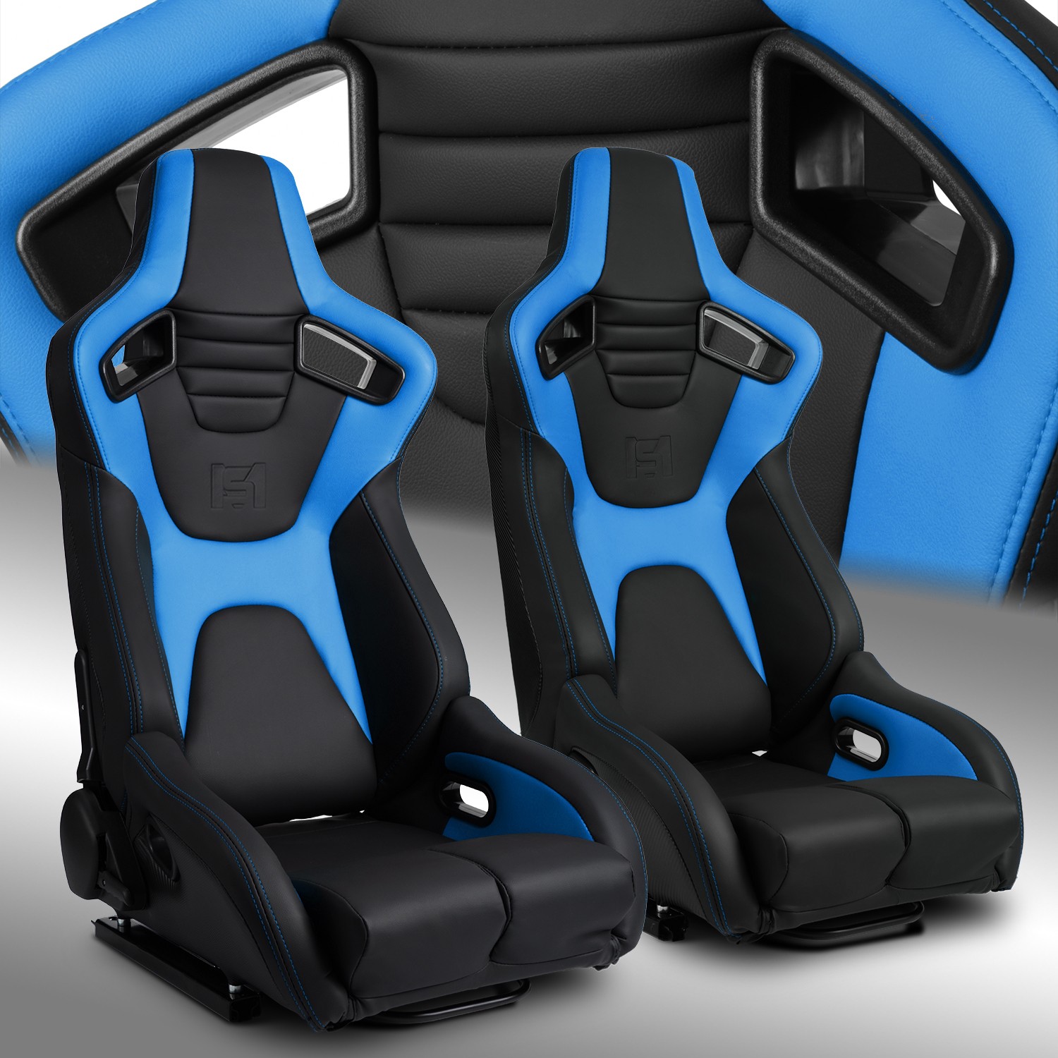 [Venom Series] Black+Blue PVC Reclinable Racing Seats W/Slider Left/Right