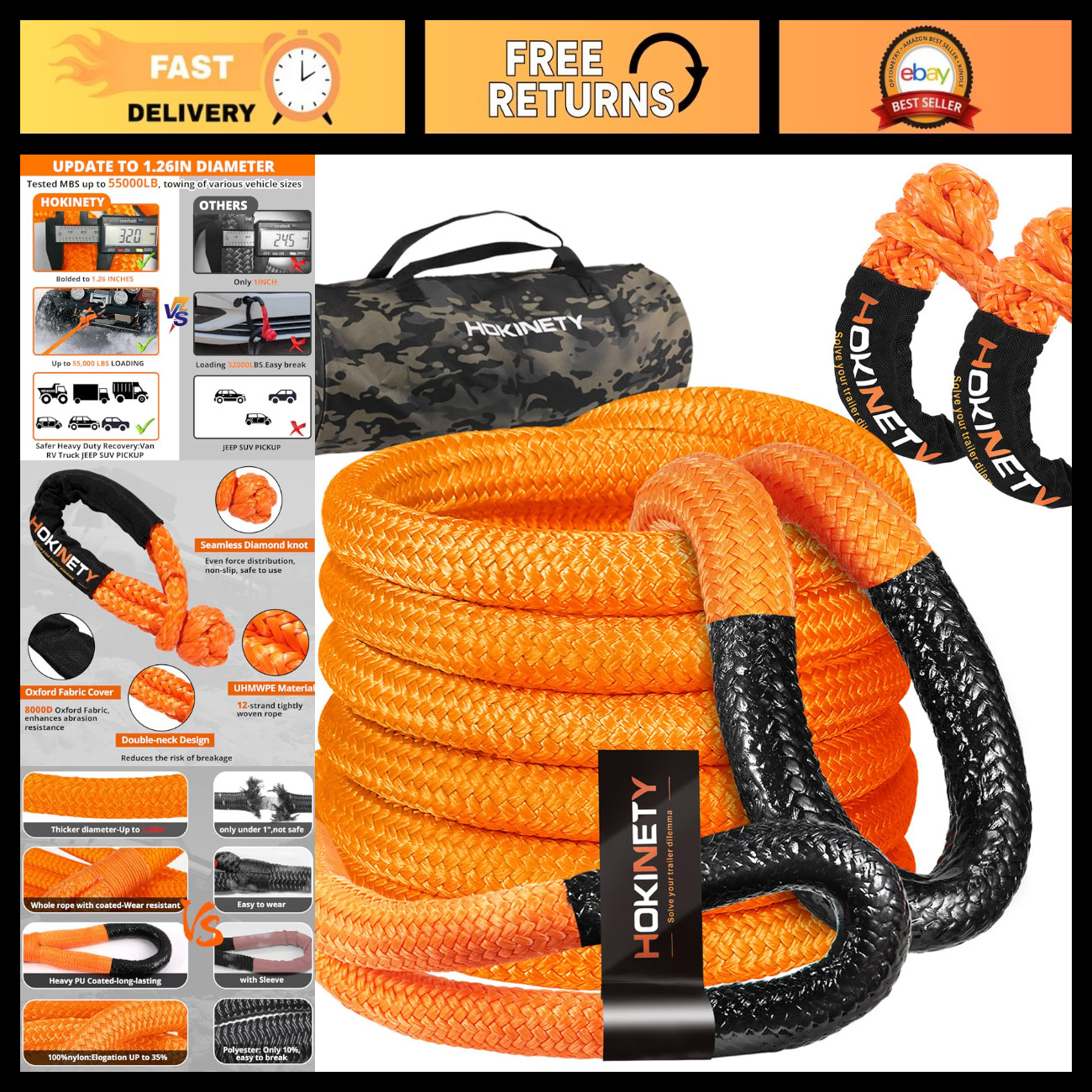 Heavy Duty 30ft Kinetic Recovery Tow Rope Snatch Strap Kit for Trucks SUV UTV AT