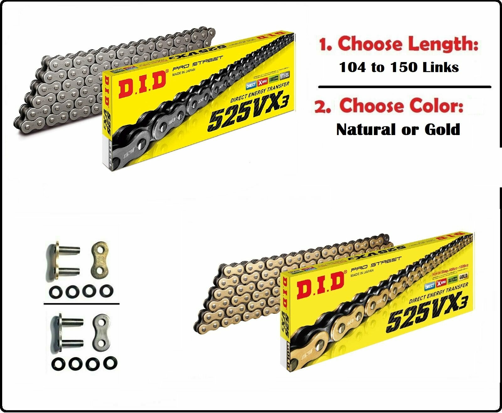 D.I.D DID 525 VX3 Xring Drive Chain Gold or Natural with Rivet Master Link D.I.D DID 525 VX3 Xring Drive Chain Gold or Natural with Rivet Master Link