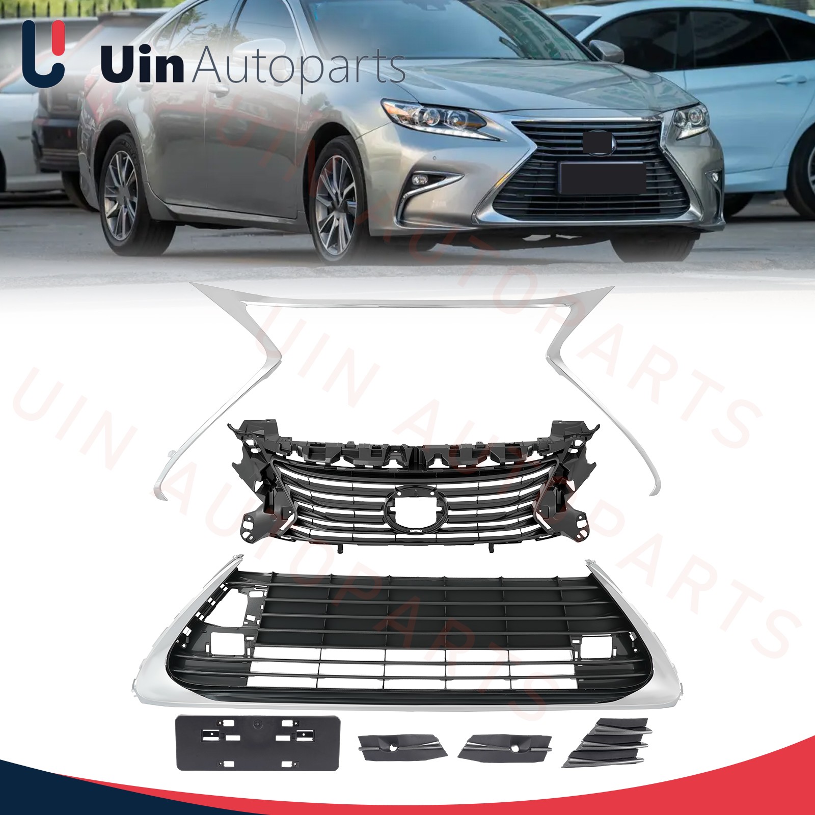Front Black Grille W/ Chrome Molding Trim Set For 2016-2018 Lexus ES300H ES350