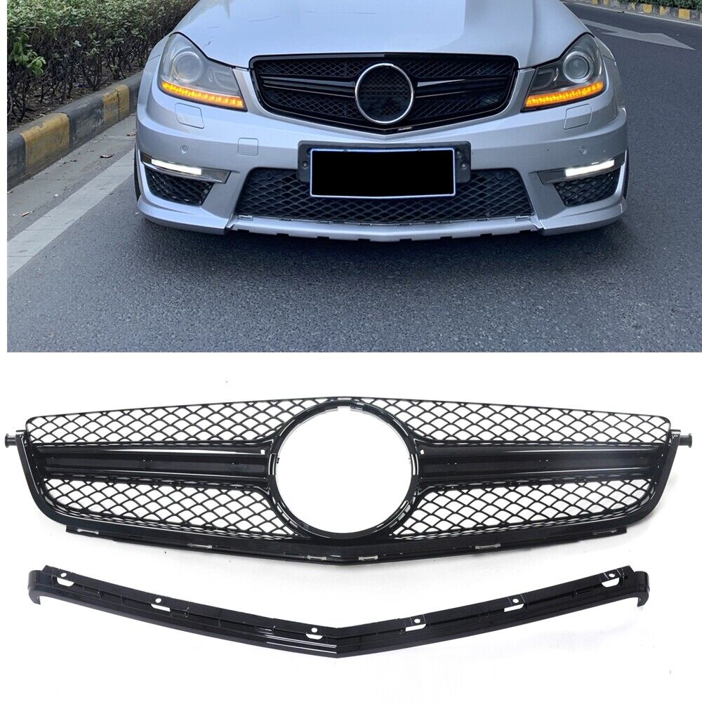 For 2012 2013-2014 Mercedes Body Kit C63 AMG Black Front Grille Grill 2pcs USS