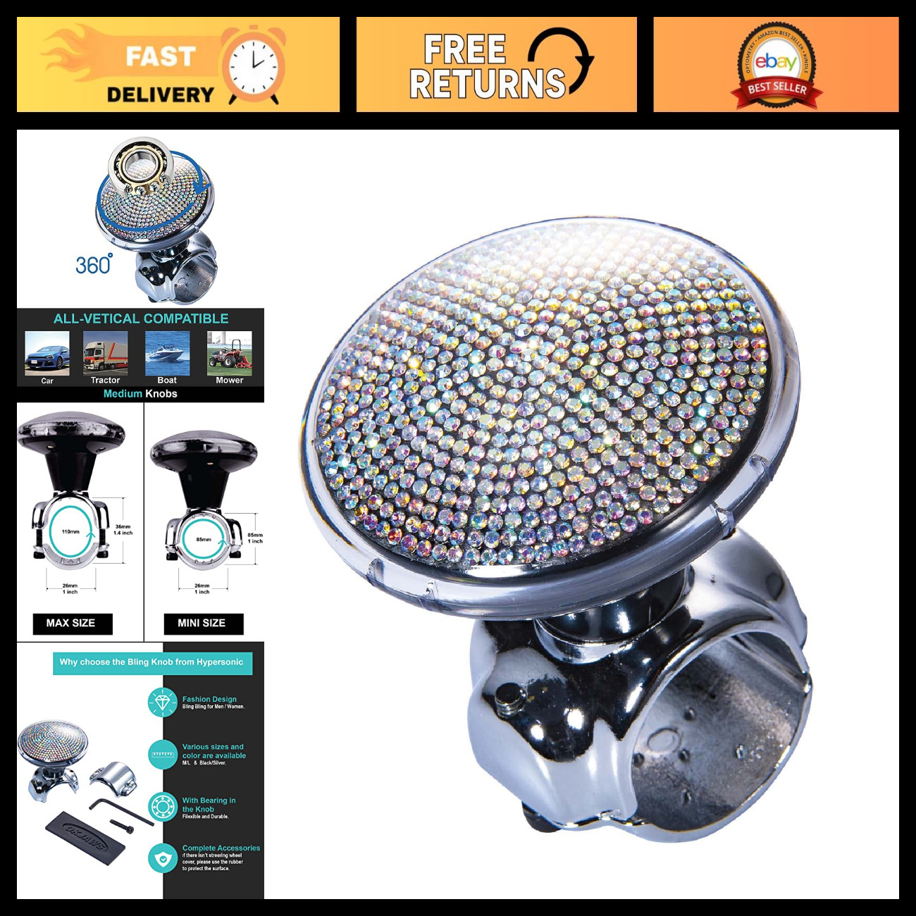 Bling Steering Wheel Spinner Knob - Smooth Suicide Knob for Cars, Trucks, Boats Bling Steering Wheel Spinner Knob - Smooth Suicide Knob for Cars, Trucks, Boats