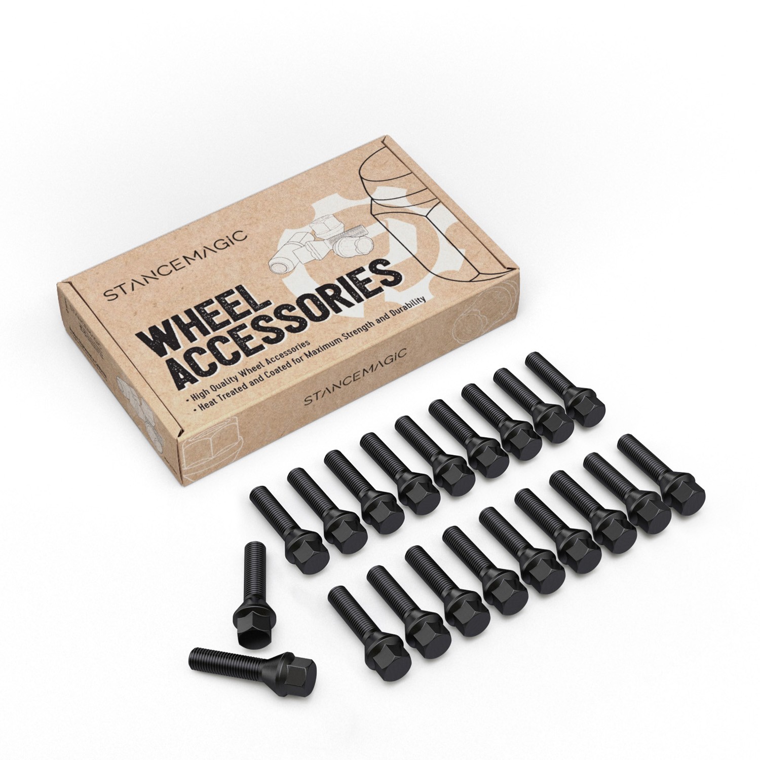 20pc Extended 14x1.25 Black Lug Bolts for F10 F30 BMW | 40mm Shank | Cone Seat