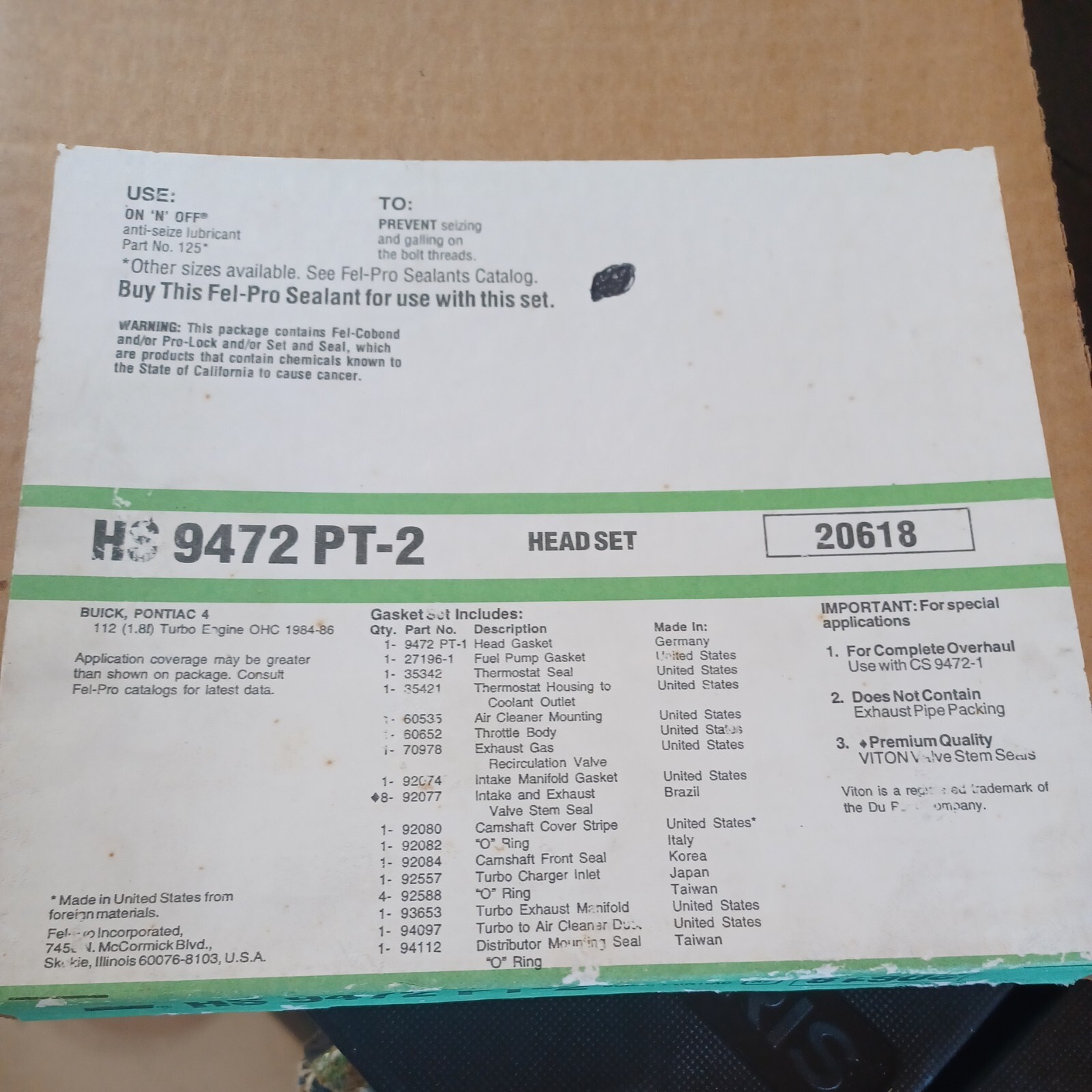 Fel-Pro HS 9472 PT-2 Engine Cylinder Head Gasket Set FelPro 20618