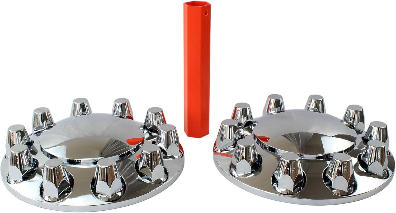 2 Chrome Standard Axle Cover Kit w/ 33mm Lug Nut Front For Semi Truck