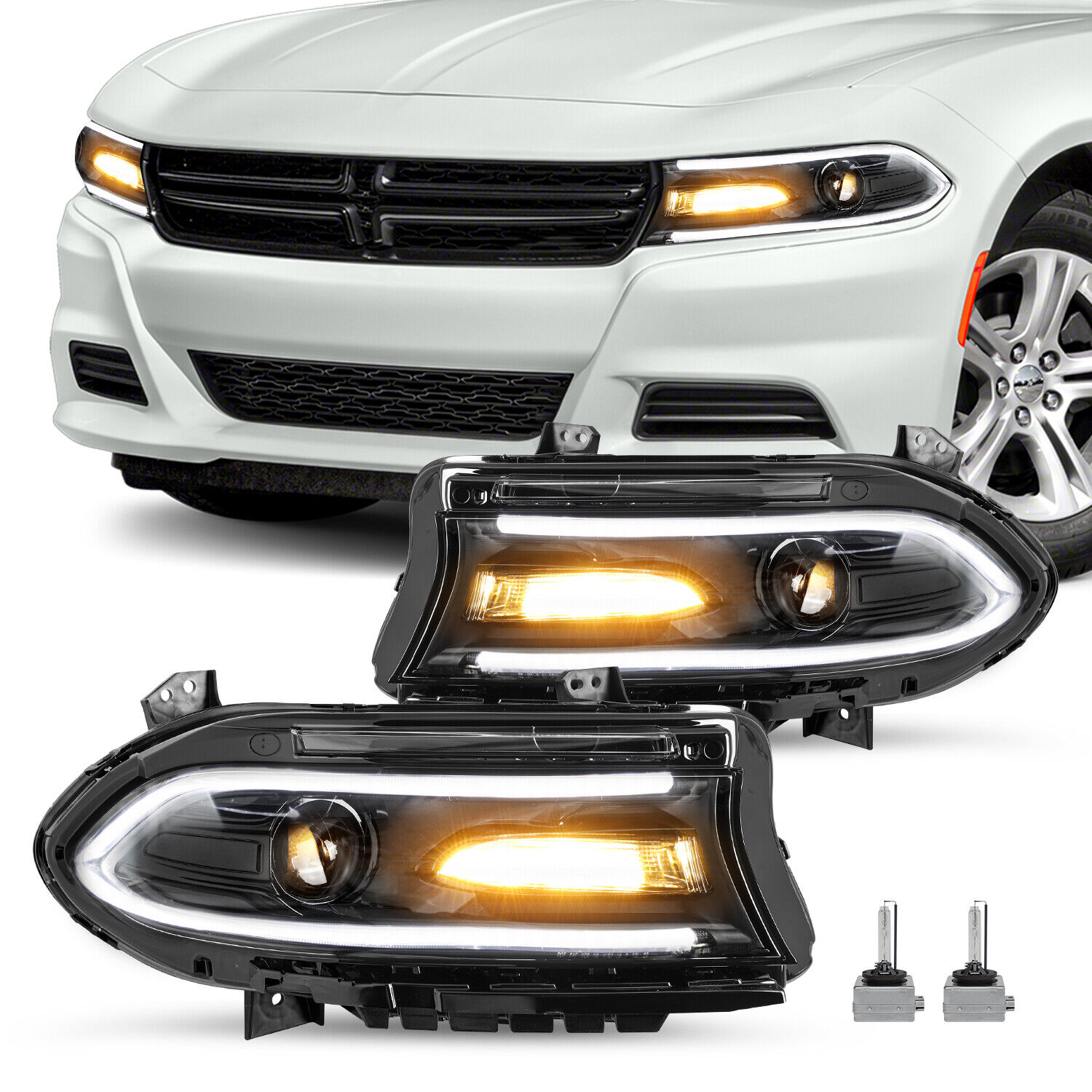 Pair Headlamps For 2015-2021 Dodge Charger HID / Xenon Projector LED Headlights