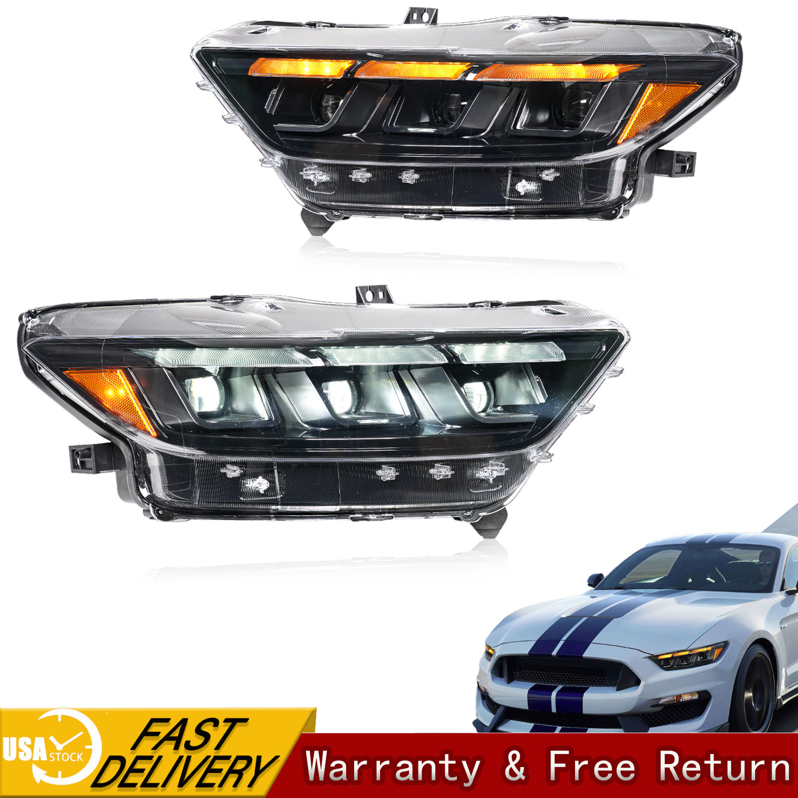 Full LED Headlight For 2015-17 Ford Mustang &2015-22 Shelby GT350 GT500 Headlamp